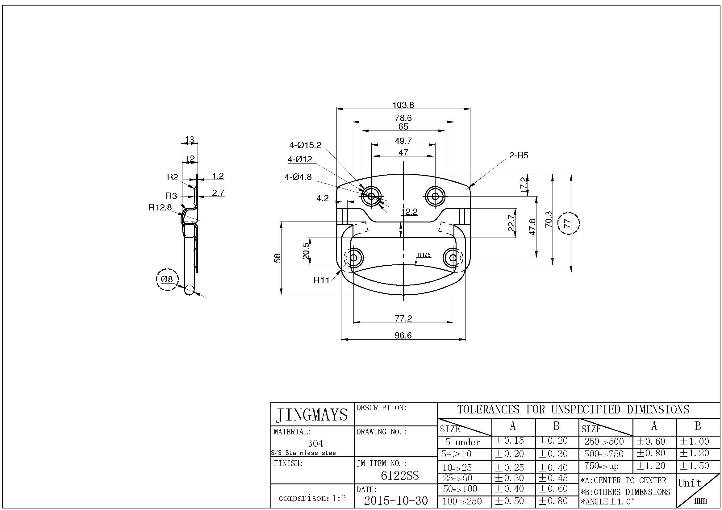 Chest Handle in Stainless Steel 90 Degree Stop Zinc Plated - 6122 SS