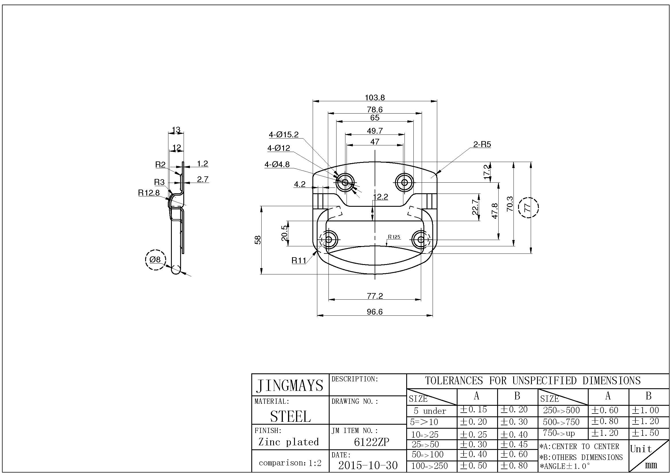 Chest Handle in Steel 90 Degree Stop Zinc Plated- 6122 ZP